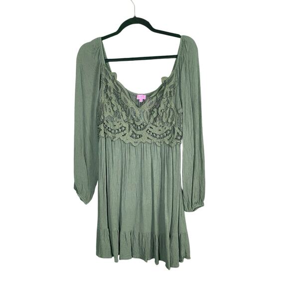 Francesca Mi Ami Mini Dress Size L Green Crotchet Tiered Ruffled Boho Peasant - Picture 2 of 13